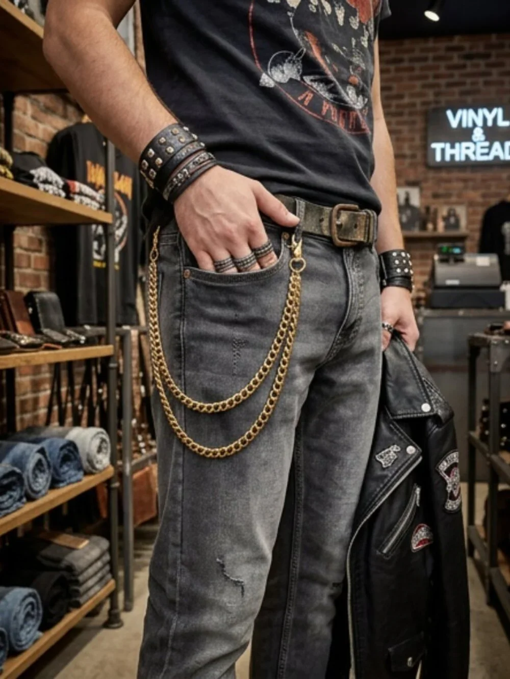 NEW Men Wallet Jeans Chain KeyChain Strong Gold Metal Links Biker 2 Strands
